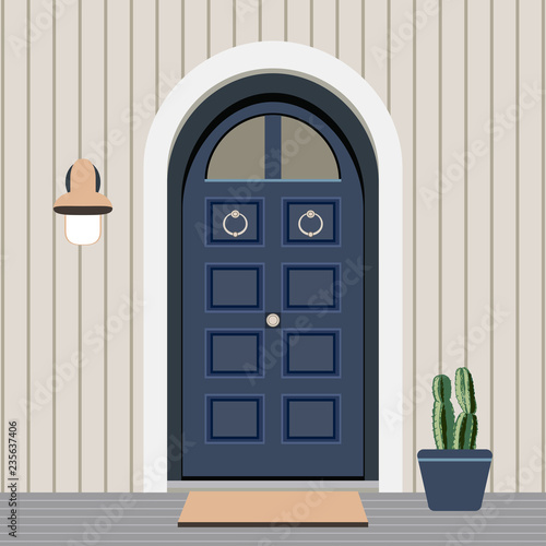 House door front with window and plants flat style, building entry facade design illustration vector