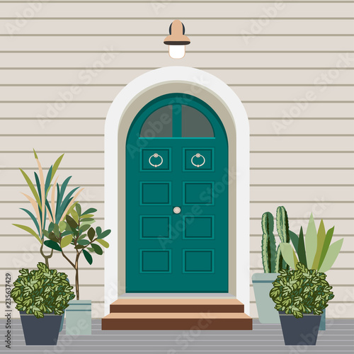 House door front with window and steps in flat style, building entry facade with plants design illustration vector