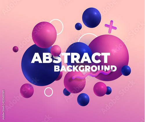 Colorful 3d balls and trend elements. Pink, red and blue. Abstract vector illustration. Modern desing esp 10