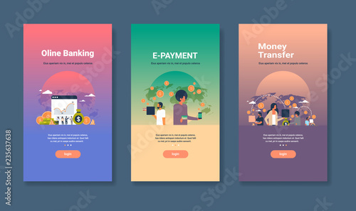 web design template set for online banking e-payment and money transfer concepts different business collection flat copy space