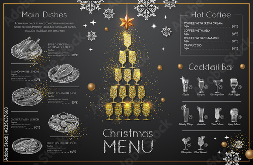 Christmas menu design with golden champagne glasses. Restaurant menu. Pyramid of champagne glasses