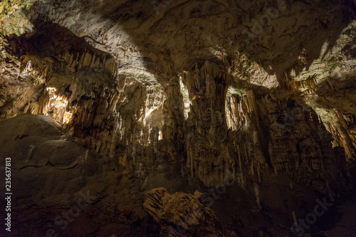 Interiors of Postojna Cave  Slovenia. Big caving area of Postojna. Underground halls  karst.