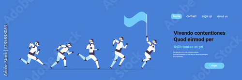 modern robots team running hold flag artificial intelligence technology concept flat horizontal banner copy space vector illustration