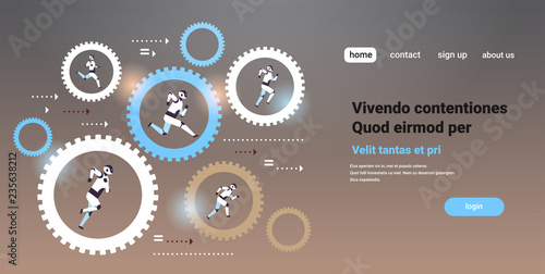modern robots running in cog wheel process artificial intelligence technology concept robotic mechanism flat horizontal copy space vector illustration