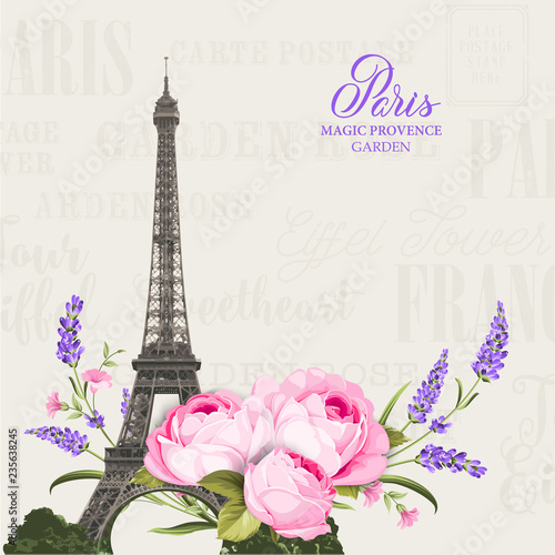Vintage gray card with spring flowers over Eiffel tower with signs on background. Vector illustration.