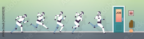 modern robots group running to job door artificial intelligence technology competition concept flat horizontal vector illustration