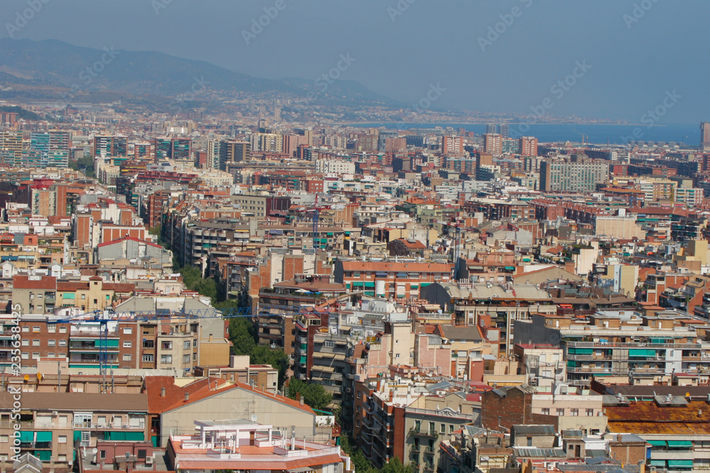 Cityscape view of The Rambla, Barcelona, Spain