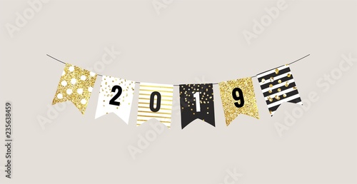 New year 2019 festive bunting flags with white, black and gold patterns. Vector illustration