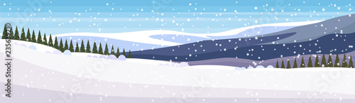 Winter snowy mountain fir tree forest landscape background horizontal banner flat