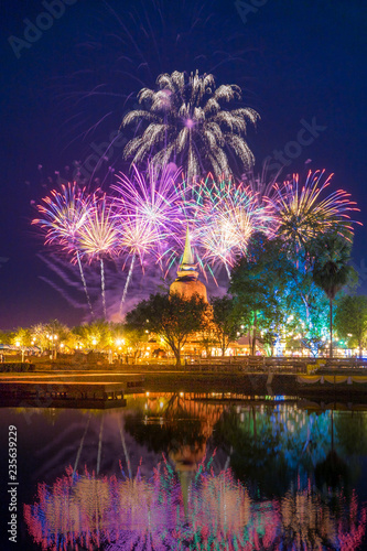Beautiful Firework Reflection Over Old Pagoda Loy Krathong Festival Sukhothai Thailand Amazing Historic Town 