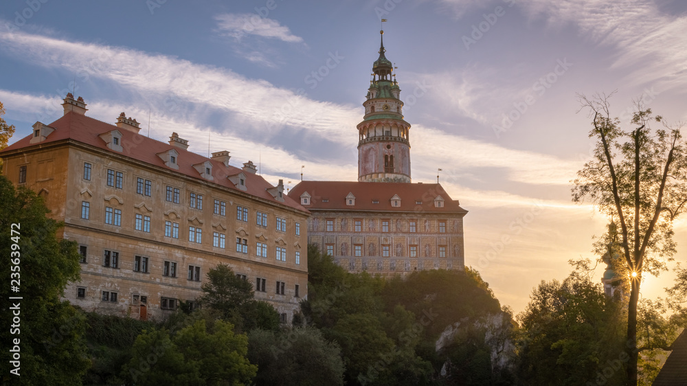 View of the State Castle and Chateau Cesky Krumlov in the Czech Republic during morning sunrise