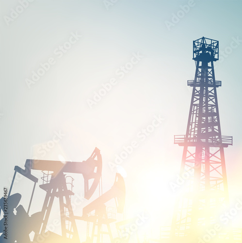 Oil pumps and derricks over sunset background. Vector illustration.