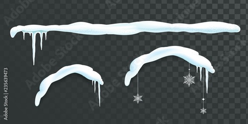 Set of isolated snow caps, snowflakes, snowballs, icicles, and snowdrifts. Winter decorations. Vector illustration