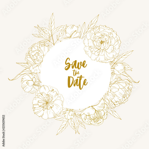 Save the date card template decorated with circular frame, border or wreath m...