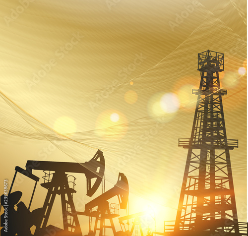 Oil pumps and derricks over the abstract golden background. Vector illustration.