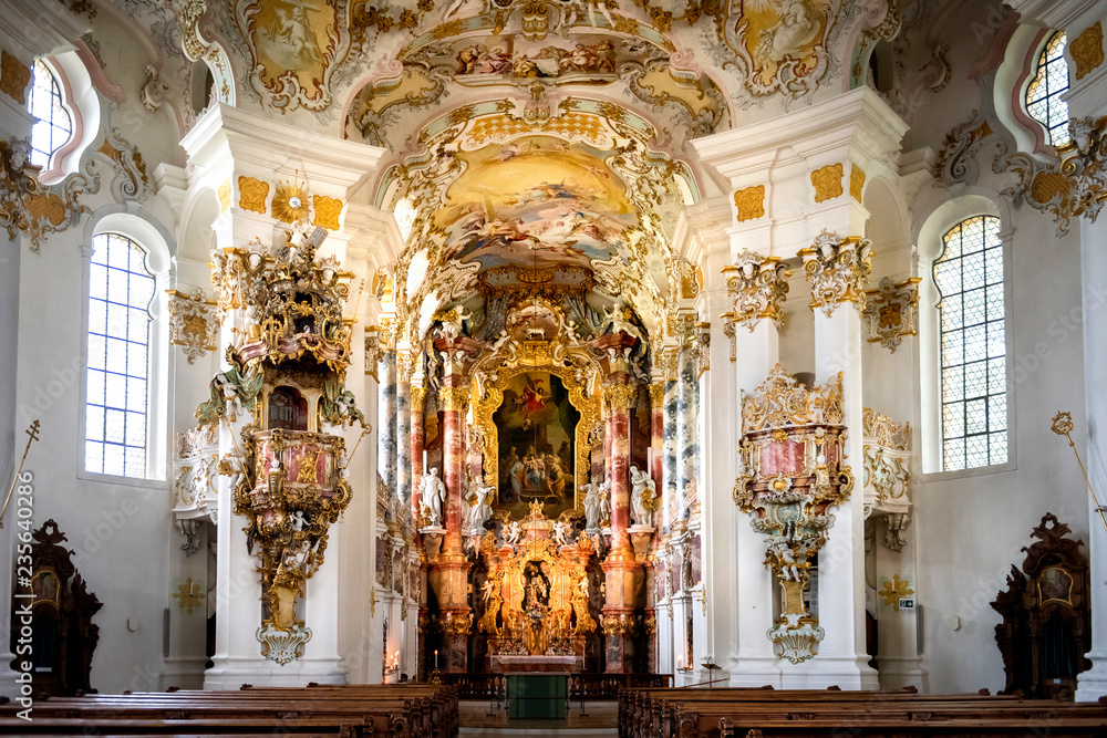 Pilgrimage Church of Wies, interior of the church - Wieskirche at Steingaden on the romantic road in Bavaria, Germany - obrazy, fototapety, plakaty 