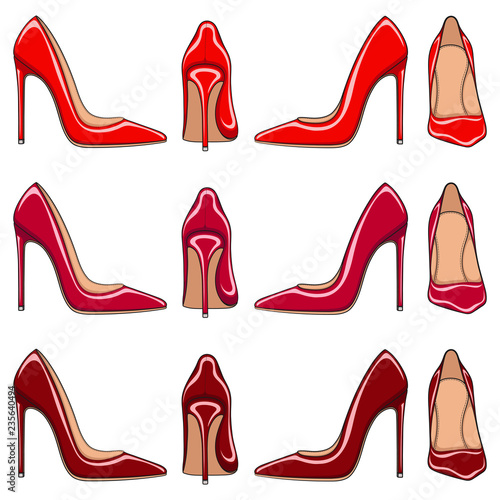 Female red classic shoes with heels. Set of vector color illustrations on a white background.