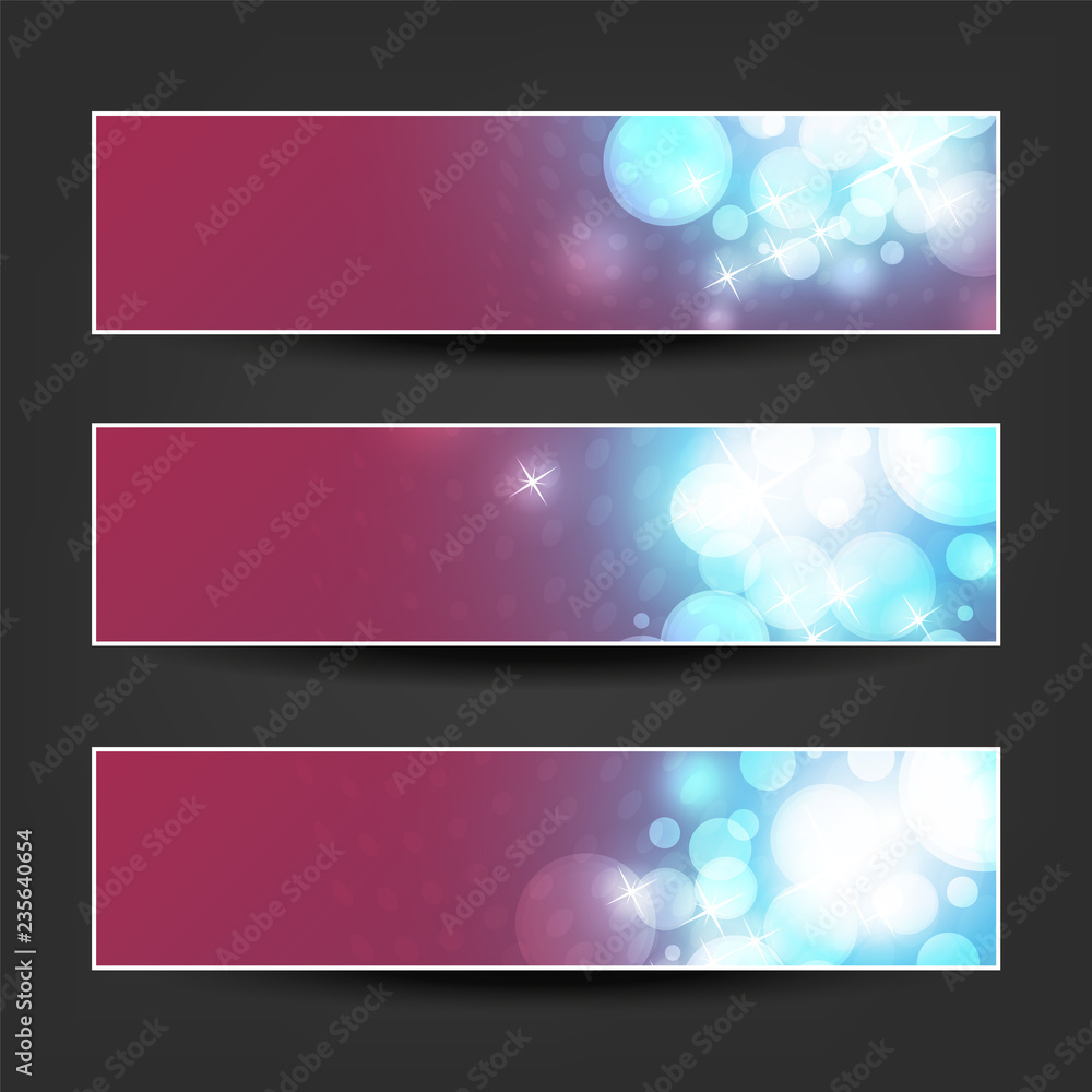 Set of Blue, White and Claret Horizontal Sparkling Banner Designs for Christmas, New Year, Seasonal Events or Holidays