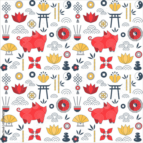 Repeating pattern with Chinese New Year elements for fabric, textiles, gift wrapping paper and print. China Spring Festival 2019 seamless background with pig, lotus flowers and traditional ornaments.