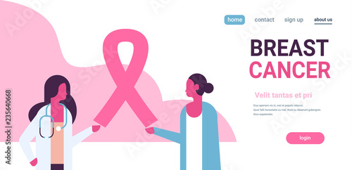 ribbon breast cancer day female doctor woman consultation concept disease awareness prevention poster women communication cartoon character horizontal copy space flat