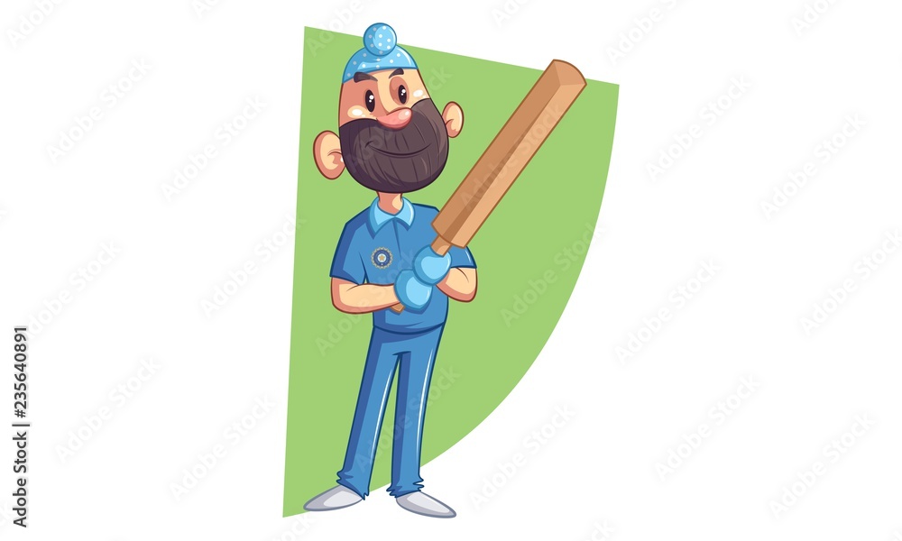Vector cartoon illustration of Punjabi sardar ready to play cricket with  bat. Isolated on white background. Stock Vector | Adobe Stock