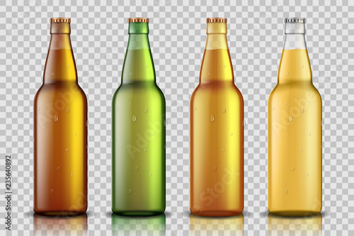 Set of Realistic glass beer bottle with liquid isolated on transparent background. blank beer bottle Mock up template for product package. Vector illustration.