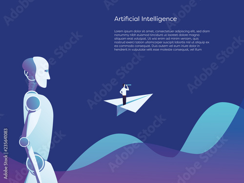 Businessman and artificial intelligence robot future technology cooperation vector concept. Businessman in paper plane, symbol of vision.