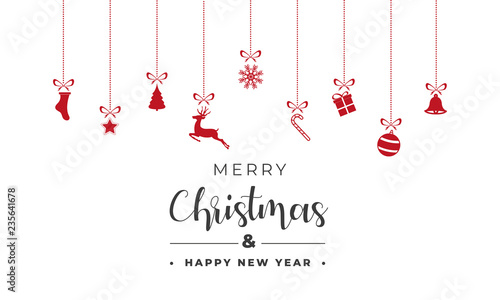 Merry Christmas and Happy New Year Card with Christmas Decorations, Red Ornaments, Gift Box, Snowflakes and Star on White Background