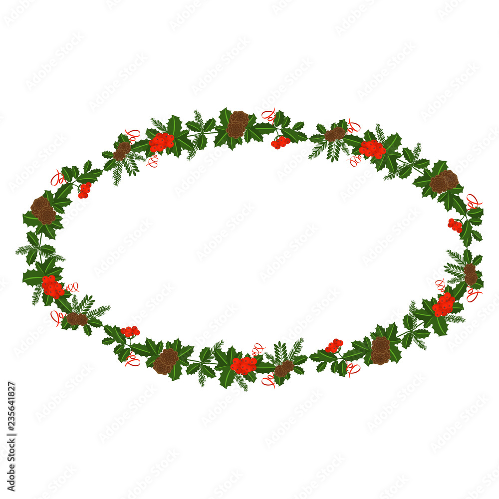 Ellipse frame with Holly berry, pine branch and cones, snowflakes, serpentine and caramel cane. Decoration border for Christmas, New year. For greeting card, vignette, banner, email for holiday. Ellipse frame with Holly berry, pine branch and cones, snowflakes, serpentine and caramel cane. Decoration border for Christmas, New year. For greeting card, vignette, banner, email for holiday.