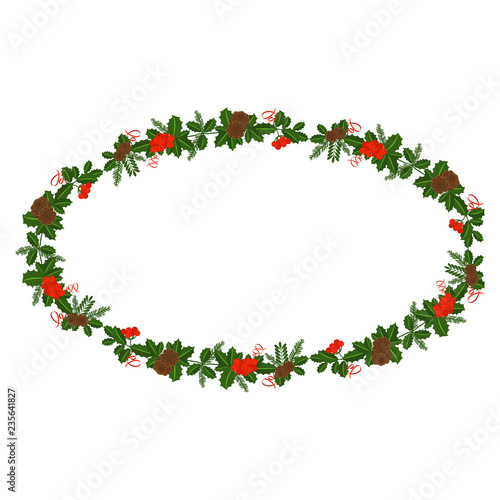 Ellipse frame with Holly berry, pine branch and cones, snowflakes, serpentine and caramel cane. Decoration border for Christmas, New year. For greeting card, vignette, banner, email for holiday.