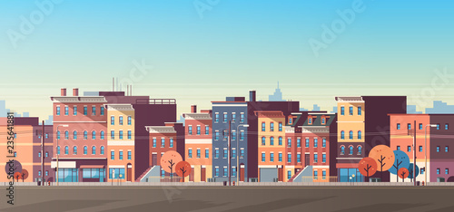 city building houses view skyline background real estate cute town concept horizontal banner flat