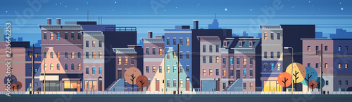 city building houses night view skyline background real estate cute town concept horizontal banner flat