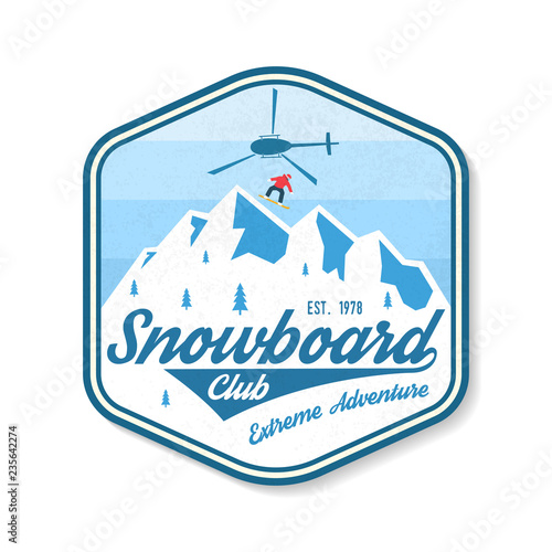 Snowboard Club patch. Vector. Concept for shirt, print, stamp, badge, patch or tee. Vintage typography design with snowboard, helicopter and mountain silhouette. Extreme sport.