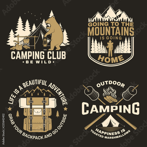 Happy camper. Vector. Concept for shirt or logo, print, stamp. Vintage design with lantern, camping tent, campfire, forest cabin, sweet marshmallows on stick, mountain and forest silhouette.