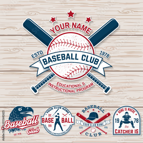 Set of baseball or softball club badge. Vector. Concept for shirt or logo, print, patch, stamp. Vintage typography design with baseball bats, batter hitting ball and ball for baseball silhouette.