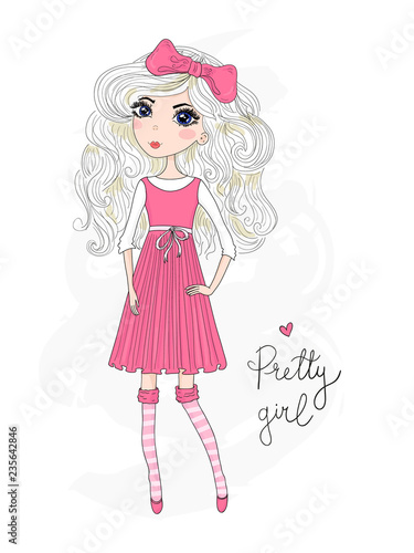Hand drawn beautiful cute blonde girl with an inscription pretty girl.. Vector illustration.