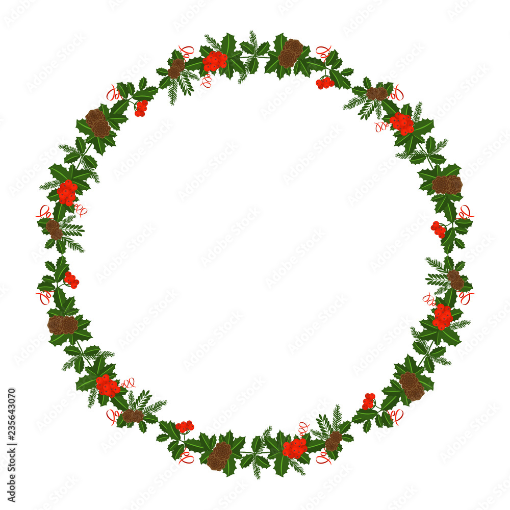 Round frame with Holly berry, pine branch and cones, snowflakes, serpentine and caramel cane. Decoration border for Christmas, New year. For greeting card, vignette, banner, email for holiday. Round frame with Holly berry, pine branch and cones, snowflakes, serpentine and caramel cane. Decoration border for Christmas, New year. For greeting card, vignette, banner, email for holiday.