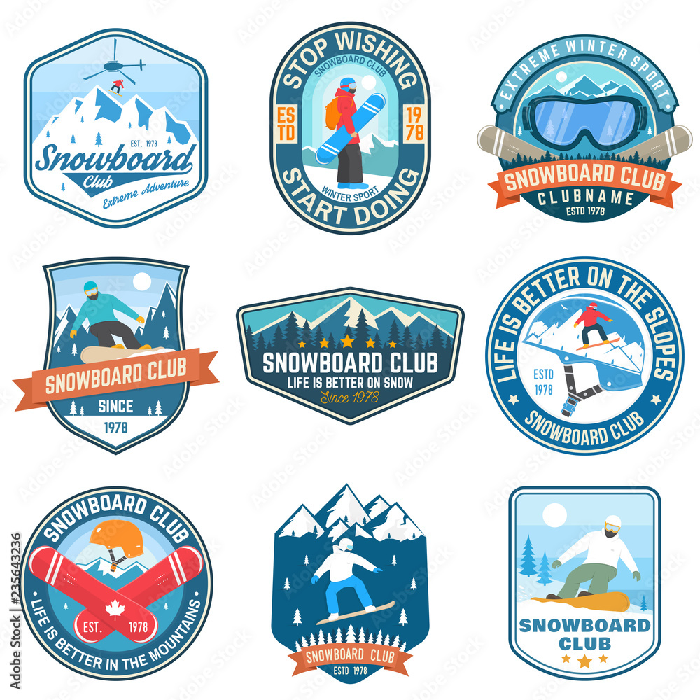 Set of Snowboard Club patches. Vector. Concept for patch, shirt, print, stamp or tee. Vintage typography design with snowboarder and mountain silhouette. Extreme sport.
