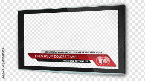 TV realistic flat screen lcd, plasma with news bars for Video headline title or lower third. Isolated on transparent background. Mock Up Template.