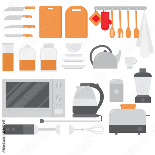 Flat Cooking equipment set. Chef design elements and tools icons. Kitchen dishes and appliances