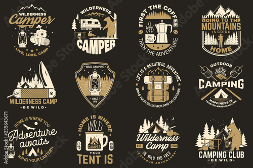 Summer camp. Vector. Concept for shirt or patch, print, stamp. Vintage typography design with rv trailer, camping tent, campfire, bear, coffee maker, pocket knife and forest silhouette.
