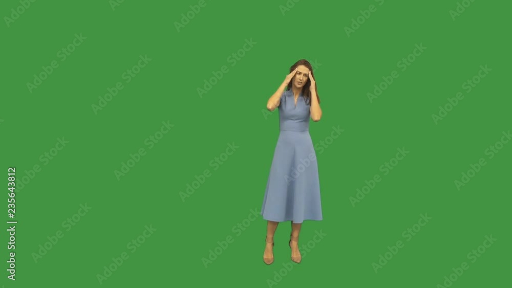 lovely young woman and headache on green screen lovely young woman and headache on green screen