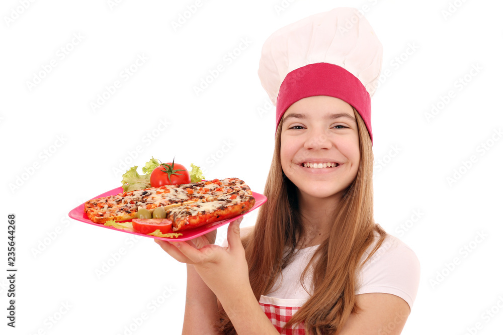 Happy girl cook with sandwich on plate Happy girl cook with sandwich on plate