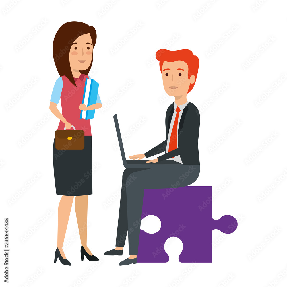 business couple sitting in puzzle piece with laptop business couple sitting in puzzle piece with laptop