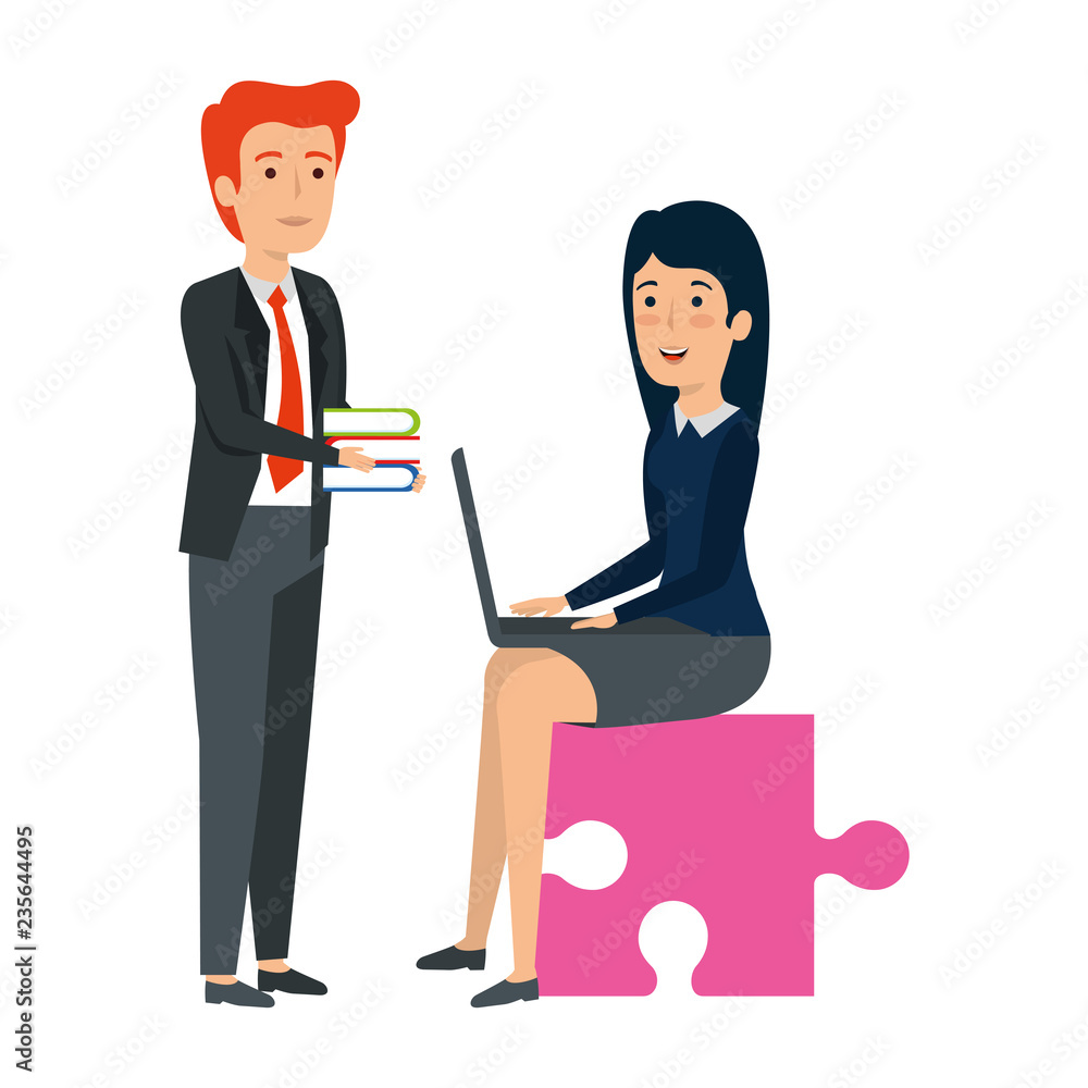 Obraz premium couple sitting in puzzle piece with laptop and books