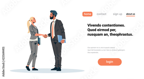 business couple handshake agreement concept businessman woman hand shake partnership communication male female cartoon character isolated flat full length horizontal copy space