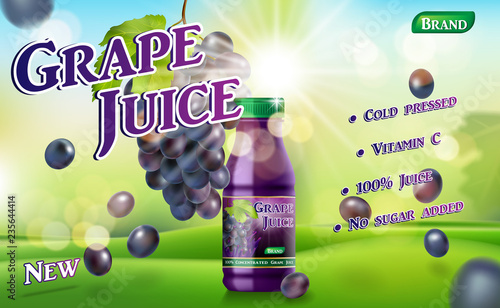 Grape juice bottle with sunny background on green grass. Juice container package ad. 3d realistic grape Vector illustration for your design