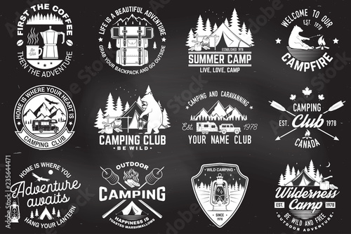 Summer camp. Vector. Concept for shirt or patch, print, stamp. Vintage typography design with rv trailer, camping tent, campfire, bear, coffee maker, pocket knife and forest silhouette.