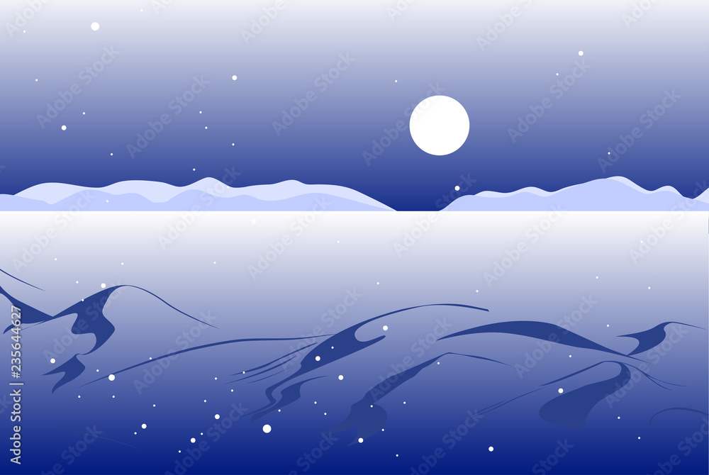 Obraz premium Vector illustration: Winter scene with valley and mountains landscape in distance. Christmas background.