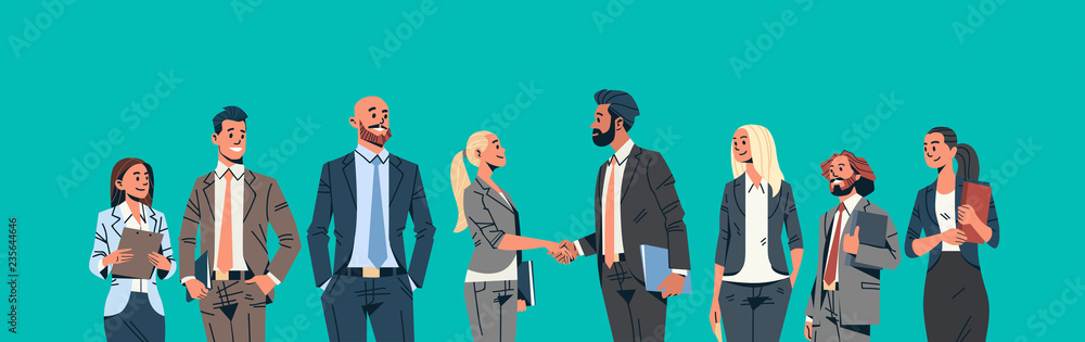 business people group hand shake agreement communicating concept businessmen women team leader meeting male female cartoon character portrait horizontal banner flat business people group hand shake agreement communicating concept businessmen women team leader meeting male female cartoon character portrait horizontal banner flat